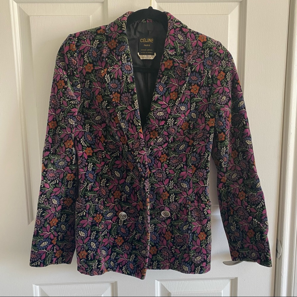 Vintage Céline Paris Velvet Floral Blazer Jacket, Size 36 XS
